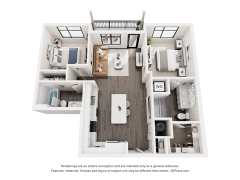 Floor plan for 2 beds, 2 baths, 960 sqft